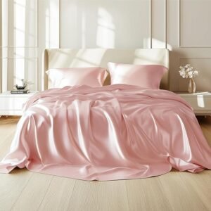Satin Sheets Queen Size Bed Set - Luxury Silky Bed Sheet Set, Ultra Soft & Wrinkle Free, Good for Hair & Skin, 15 Inches Deep Pocket for Mattress, 4-Piece (Queen, Pink)