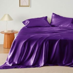 Satin Sheets Queen Size Bed Set - Luxury Silky Bed Sheet Set, Ultra Soft & Wrinkle Free, Good for Hair & Skin, 15 Inches Deep Pocket for Mattress, 4-Piece (Queen, Purple)