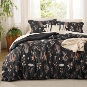 Comforter Set Queen Size - Floral Bedding Comforter Set, 3 Pieces, 1 Soft Black Comforter and 2 Pillow Shams