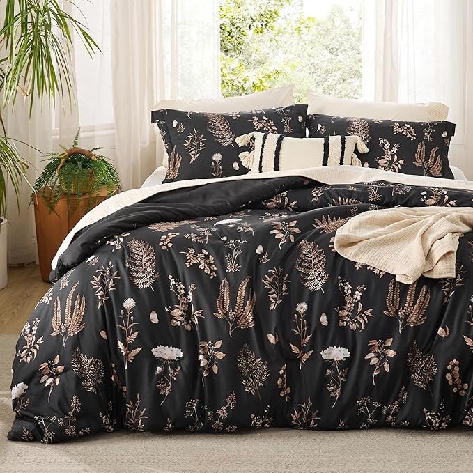 Comforter Set Queen Size - Floral Bedding Comforter Set, 3 Pieces, 1 Soft Black Comforter and 2 Pillow Shams