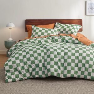 Comforter Set Queen Size - Checkered Bedding Comforter Set for Boys, 3 Pieces, 1 Soft Green Comforter and 2 Pillow Shams