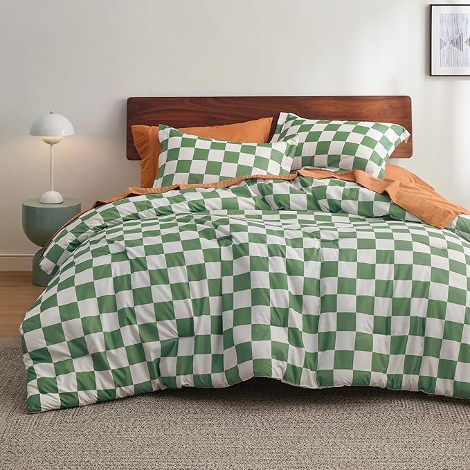 Comforter Set Queen Size - Checkered Bedding Comforter Set for Boys, 3 Pieces, 1 Soft Green Comforter and 2 Pillow Shams