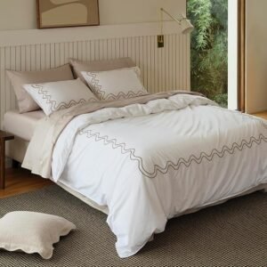 Supima Cotton Duvet Cover Set - 100% American Grown Cotton Embroidery Duvet Cover Queen, Luxury 600 Thread Count Sateen Weave, Hotel Quality Bedding Set, Sandstone, 90" x 90"