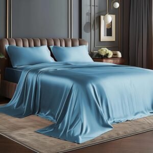 Satin Sheets Queen Size Bed Set, Luxury Soft Airy Blue Silky Sheets for Hair and Skin, Similar to Silk Bed Sheets Set 4 Pieces with 1 Deep Pocket Fitted Sheet, 1 Flat Sheet, and 2 Pillowcases