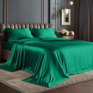 Satin Sheets Queen Size Bed Set, Luxury Soft Dark Green Sheets for Hair and Skin, Similar to Silk Bed Sheets Set 4 Pieces with 1 Deep Pocket Fitted Sheet, 1 Flat Sheet, and 2 Pillowcases