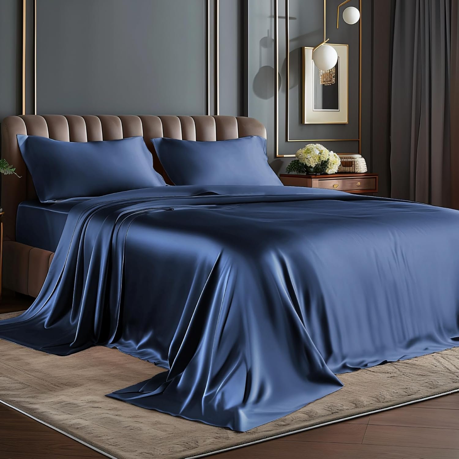 Satin Sheets Queen Size Bed Set, Luxury Soft Navy Silky Sheets for Hair and Skin, Similar to Silk Bed Sheets Set 4 Pieces (1 Deep Pocket Fitted Sheet, 1 Flat Sheet, and 2 Pillowcases)