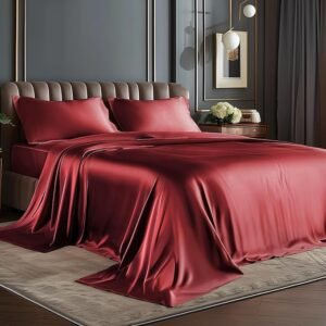 Satin Sheets Queen Size Bed Set, Luxury Soft Burgundy Silky Sheets for Hair and Skin, Similar to Silk Bed Sheets Set 4 Pieces （1 Deep Pocket Fitted Sheet, 1 Flat Sheet, and 2 Pillowcases）