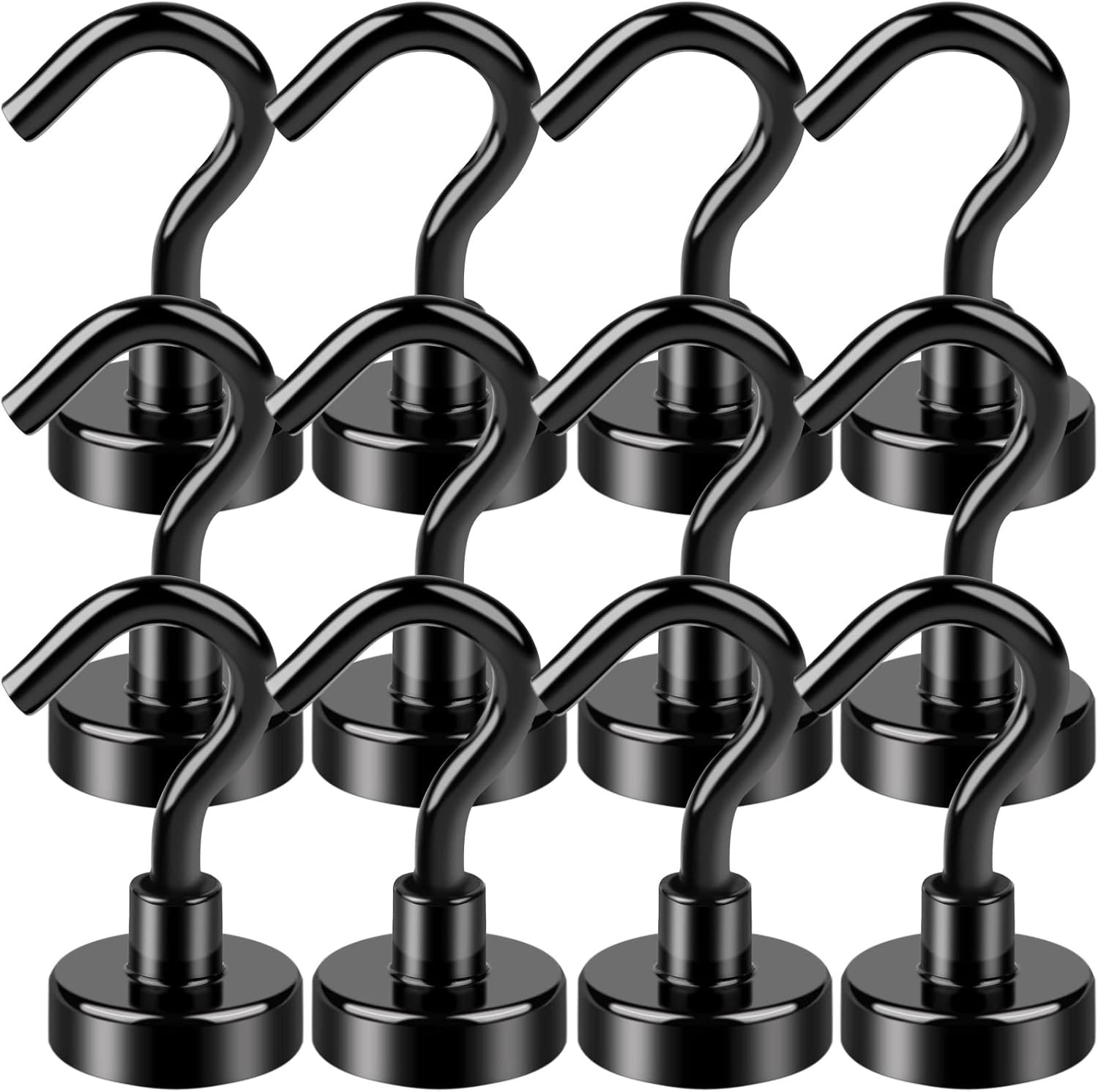 LOVIMAG Black Magnetic Hooks, 30Lbs Strong Magnetic Hooks Heavy Duty with Epoxy Coating for Refrigerator, Magnetic Cruise Hooks for Hanging, Classroom, Office, and Kitchen - Pack of 12