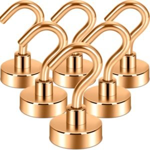 Neosmuk Magnetic Hooks, 30lb+ Heavy Duty Earth Magnets with Hook for Refrigerator, Extra Strong Cruise Hook for Hanging, Magnetic Hanger for Cabins, Grill (Bronze, Pack of 6)