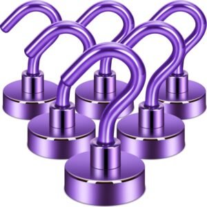 Neosmuk Magnetic Hooks, 30lb+ Heavy Duty Earth Magnets with Hook for Refrigerator, Extra Strong Cruise Hook for Hanging, Magnetic Hanger for Cabins, Grill (Purple, Pack of 6)