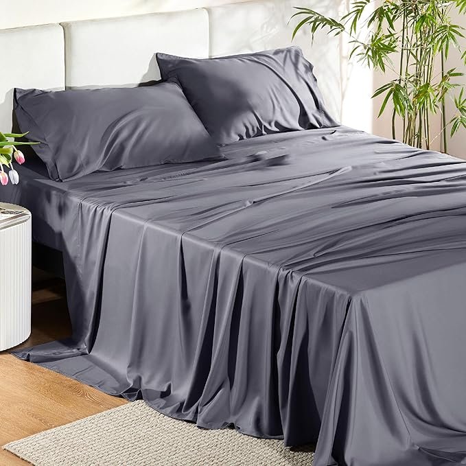 King Size Sheets Set, Cooling Sheets for Hot Sleepers, Rayon Derived from Bamboo, Breathable & Soft, Deep Pocket Up to 16 Inches, Hotel Luxury Silky Bedding, Dark Grey