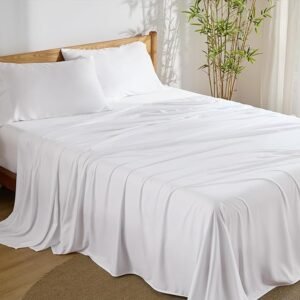 King Size Sheet Set, Cooling Sheets King, Rayon Derived from Bamboo, Deep Pocket Up to 16", Breathable & Soft Bed Sheets, Hotel Luxury Silky Bedding Sheets & Pillowcases, White
