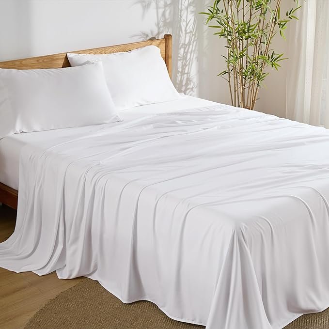 King Size Sheet Set, Cooling Sheets King, Rayon Derived from Bamboo, Deep Pocket Up to 16", Breathable & Soft Bed Sheets, Hotel Luxury Silky Bedding Sheets & Pillowcases, White