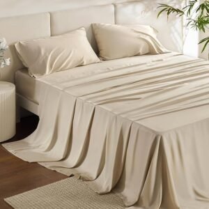 King Size Sheet Set, Cooling Sheets King, Rayon Derived from Bamboo, Deep Pocket Up to 16", Breathable & Soft Bed Sheets, Hotel Luxury Silky Bedding Sheets & Pillowcases, Beige
