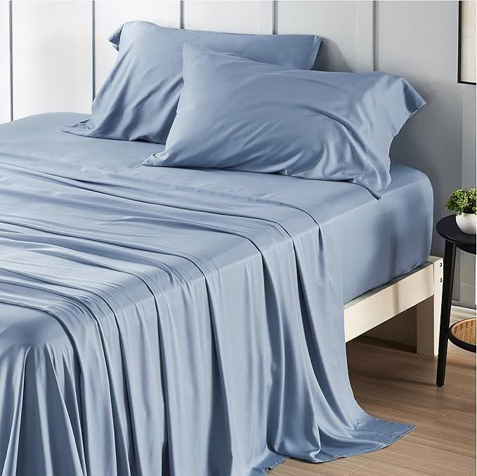 King Size Sheets Set, Cooling Sheets for Hot Sleepers, Rayon Derived from Bamboo, Breathable & Soft, Deep Pocket Up to 16 Inches, Hotel Luxury Silky Bedding, Mineral Blue