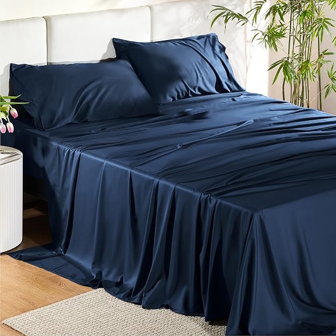 King Size Sheets Set, Cooling Sheets for Hot Sleepers, Rayon Derived from Bamboo, Breathable & Soft, Deep Pocket Up to 16 Inches, Hotel Luxury Silky Bedding, Navy