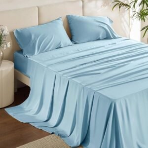King Size Sheets Set, Cooling Sheets for Hot Sleepers, Rayon Derived from Bamboo, Breathable & Soft, Deep Pocket Up to 16 Inches, Hotel Luxury Silky Bedding, Teal Blue