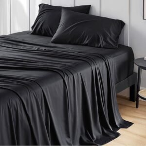 King Size Sheet Set, Cooling Sheets King, Rayon Derived from Bamboo, Deep Pocket Up to 16", Breathable & Soft Bed Sheets, Hotel Luxury Silky Bedding Sheets & Pillowcases, Black