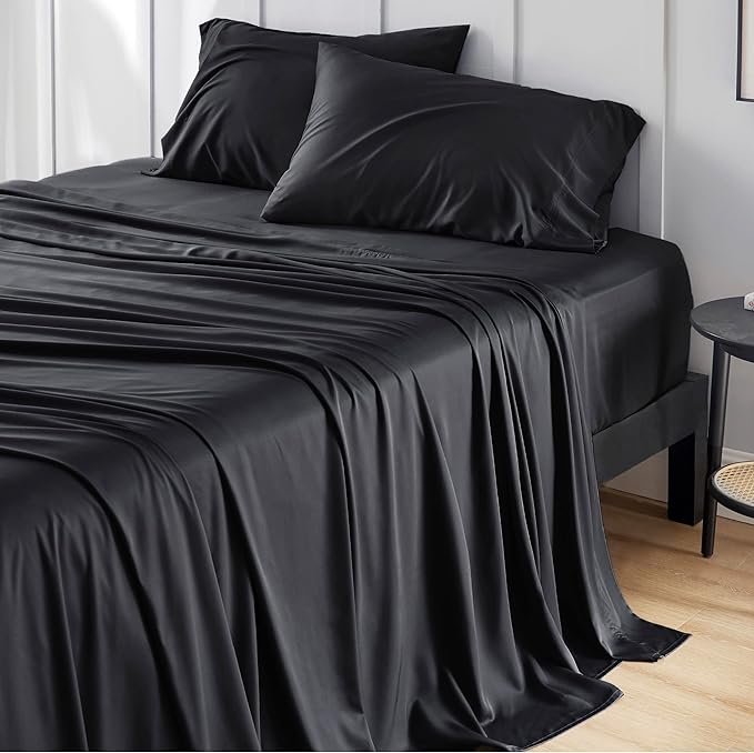 King Size Sheet Set, Cooling Sheets King, Rayon Derived from Bamboo, Deep Pocket Up to 16", Breathable & Soft Bed Sheets, Hotel Luxury Silky Bedding Sheets & Pillowcases, Black