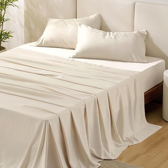 King Size Sheets Set, Cooling Sheets for Hot Sleepers, Rayon Derived from Bamboo, Breathable & Soft, Deep Pocket Up to 16 Inches, Hotel Luxury Silky Bedding, Light Beige