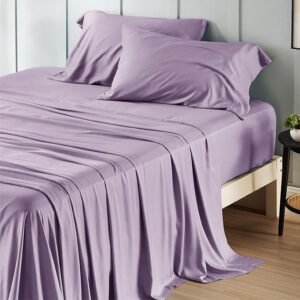 King Size Sheets Set, Cooling Sheets for Hot Sleepers, Rayon Derived from Bamboo, Breathable & Soft, Deep Pocket Up to 16 Inches, Hotel Luxury Silky Bedding, Lilac