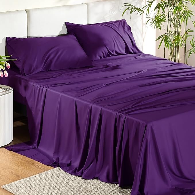King Size Sheets Set, Cooling Sheets for Hot Sleepers, Rayon Derived from Bamboo, Breathable & Soft, Deep Pocket Up to 16 Inches, Hotel Luxury Silky Bedding, Plum