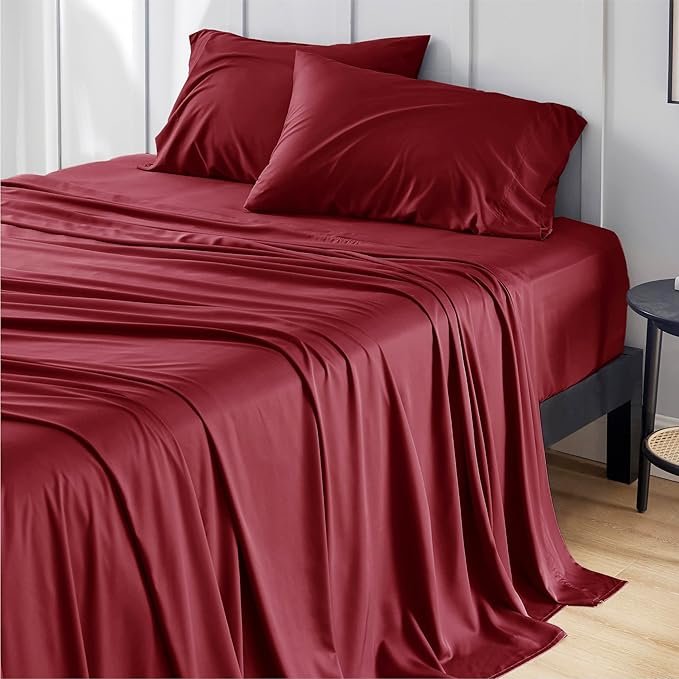 King Size Sheets Set, Cooling Sheets for Hot Sleepers, Rayon Derived from Bamboo, Breathable & Soft, Deep Pocket Up to 16 Inches, Hotel Luxury Silky Bedding, Burgundy