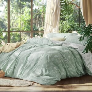 Queen Comforter Set - Sage Green Bed Set, 3 Pieces Cute Floral Bedding, 1 Soft Reversible Botanical Flowers Comforter and 2 Pillow Shams