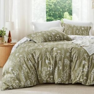 Queen Comforter Set - Olive Green Bed Set, 3 Pieces Cute Floral Bedding, 1 Soft Reversible Botanical Flowers Comforter and 2 Pillow Shams