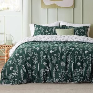 Queen Comforter Set - Emerald Bed Set, 3 Pieces Cute Floral Bedding, 1 Soft Reversible Botanical Flowers Comforter and 2 Pillow Shams
