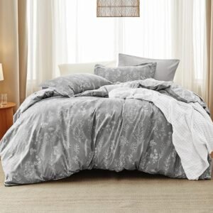 Queen Comforter Set - Grey Bed Set, 3 Pieces Cute Floral Bedding, 1 Soft Reversible Botanical Flowers Comforter and 2 Pillow Shams