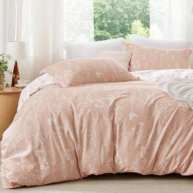 Queen Comforter Set - Dusty Rose Bed Set, 3 Pieces Cute Floral Bedding, 1 Soft Reversible Botanical Flowers Comforter and 2 Pillow Shams