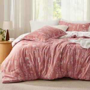 Queen Comforter Set - Grayish Pink Bed Set, 3 Pieces Cute Floral Bedding, 1 Soft Reversible Botanical Flowers Comforter and 2 Pillow Shams