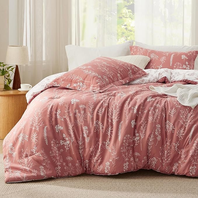 Queen Comforter Set - Grayish Pink Bed Set, 3 Pieces Cute Floral Bedding, 1 Soft Reversible Botanical Flowers Comforter and 2 Pillow Shams