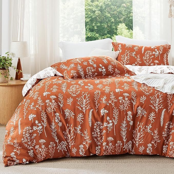 Queen Comforter Set - Terracotta Bed Set, 3 Pieces Cute Floral Bedding, 1 Soft Reversible Botanical Flowers Comforter and 2 Pillow Shams