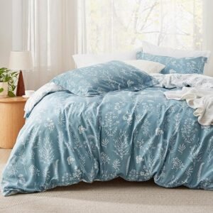 Queen Comforter Set - Mineral Blue Bed Set, 3 Pieces Cute Floral Bedding, 1 Soft Reversible Botanical Flowers Comforter and 2 Pillow Shams