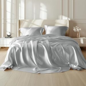 Satin Sheets Queen Size Bed Set - Luxury Silky Bed Sheet Set, Ultra Soft & Wrinkle Free, Good for Hair & Skin, 15 Inches Deep Pocket for Mattress, 4-Piece (Queen, Silver Grey)