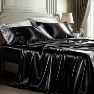 Black Satin Sheets Queen Size Bed Set - Luxury Silky Bed Sheet Set, Ultra Soft & Wrinkle Free, Good for Hair & Skin, 15 Inches Deep Pocket for Mattress, 4-Piece (Queen, Black)