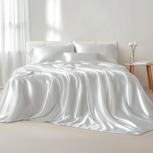 Satin Sheets Queen Size Bed Set - Luxury Silky Bed Sheet Set, Ultra Soft & Wrinkle Free, Good for Hair & Skin, 15 Inches Deep Pocket for Mattress, 4-Piece (Queen, Pure White)