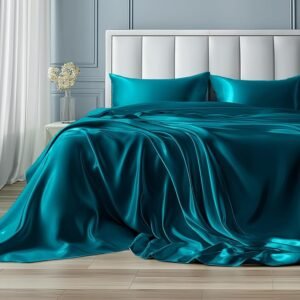 Satin Sheets Queen Size Bed Set - Luxury Silky Bed Sheet Set, Ultra Soft & Wrinkle Free, Good for Hair & Skin, 15 Inches Deep Pocket for Mattress, 4-Piece (Queen, Teal)