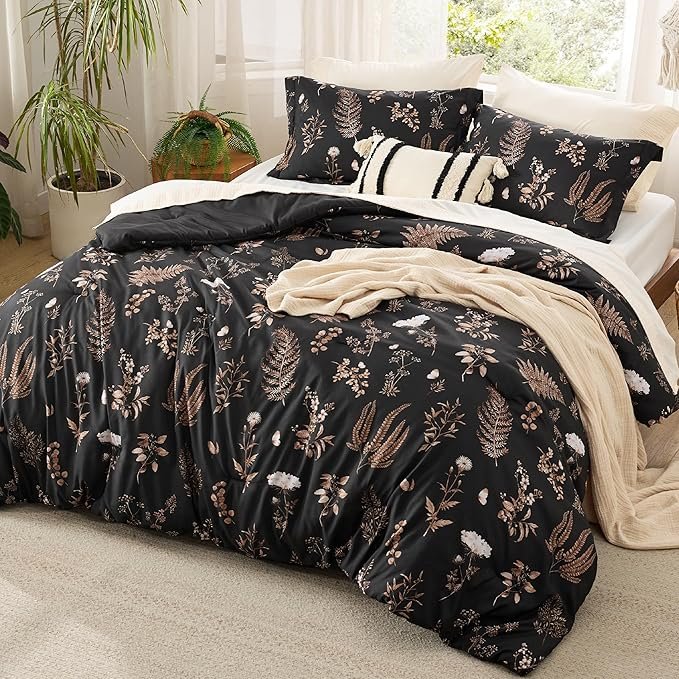 Comforter Set Queen Size - Floral Bedding Comforter Set, 3 Pieces, 1 Soft Black Comforter and 2 Pillow Shams - Image 2