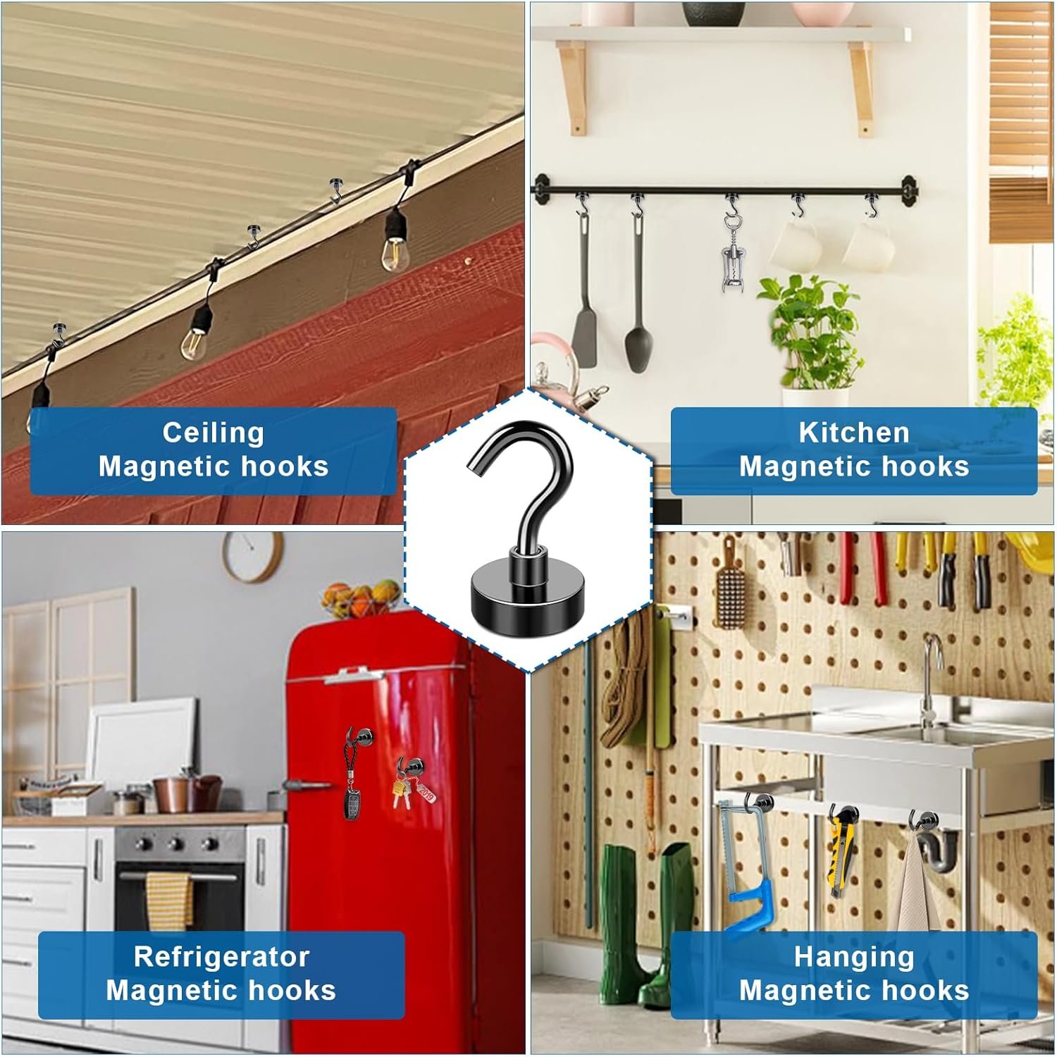 LOVIMAG Black Magnetic Hooks, 30Lbs Strong Magnetic Hooks Heavy Duty with Epoxy Coating for Refrigerator, Magnetic Cruise Hooks for Hanging, Classroom, Office, and Kitchen - Pack of 12 - Image 2