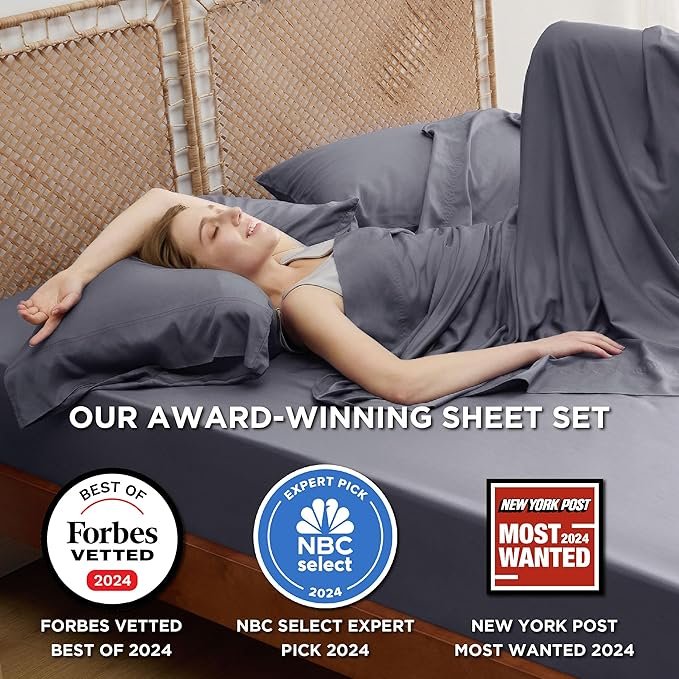 King Size Sheets Set, Cooling Sheets for Hot Sleepers, Rayon Derived from Bamboo, Breathable & Soft, Deep Pocket Up to 16 Inches, Hotel Luxury Silky Bedding, Dark Grey - Image 2