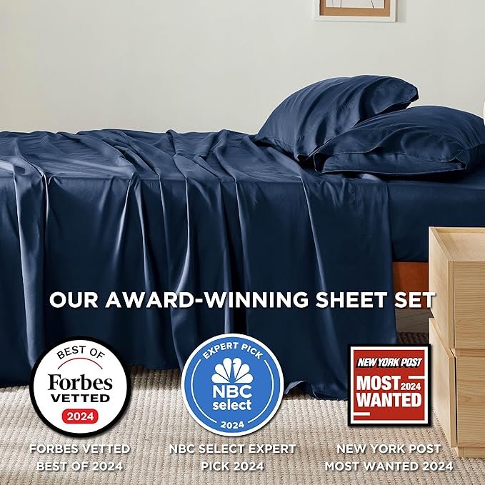 King Size Sheets Set, Cooling Sheets for Hot Sleepers, Rayon Derived from Bamboo, Breathable & Soft, Deep Pocket Up to 16 Inches, Hotel Luxury Silky Bedding, Navy - Image 2