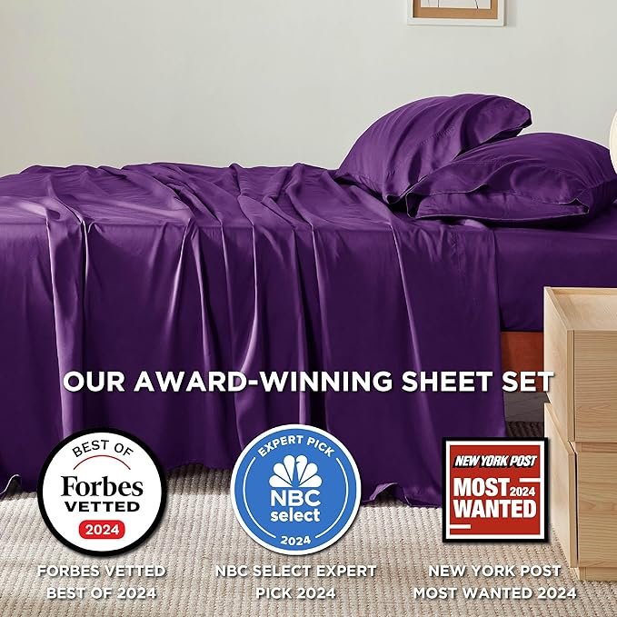 King Size Sheets Set, Cooling Sheets for Hot Sleepers, Rayon Derived from Bamboo, Breathable & Soft, Deep Pocket Up to 16 Inches, Hotel Luxury Silky Bedding, Plum - Image 2