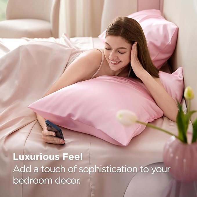 Satin Pillowcase for Hair and Skin Queen, Similar to Silk Pillow Cases, Pillow Cases Set of 2 with Envelope Closure, Pink Room Decor Essentials for Girls, 20x30 Inches, 2pcs - Image 2
