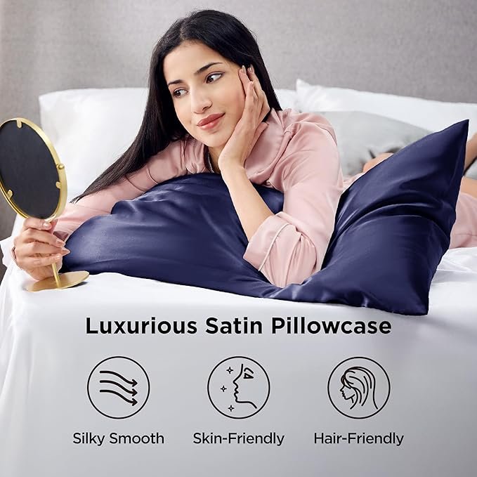 Satin Pillowcases, Similar to Silk Pillow Cases Queen Size Set of 2, Pillow Case for Sleeping Women with Envelope Closure, Gifts for Women Men, Navy, 20x30 Inches, 2pcs - Image 2