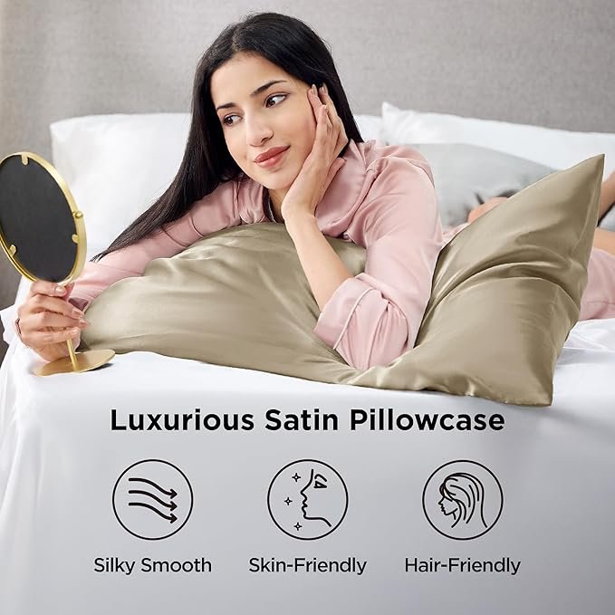 Satin Pillowcases, Similar to Silk Pillow Cases Queen Size Set of 2, Pillow Case for Sleeping Women with Envelope Closure, Gifts for Women Men, Khaki, 20x30 Inches, 2pcs - Image 2