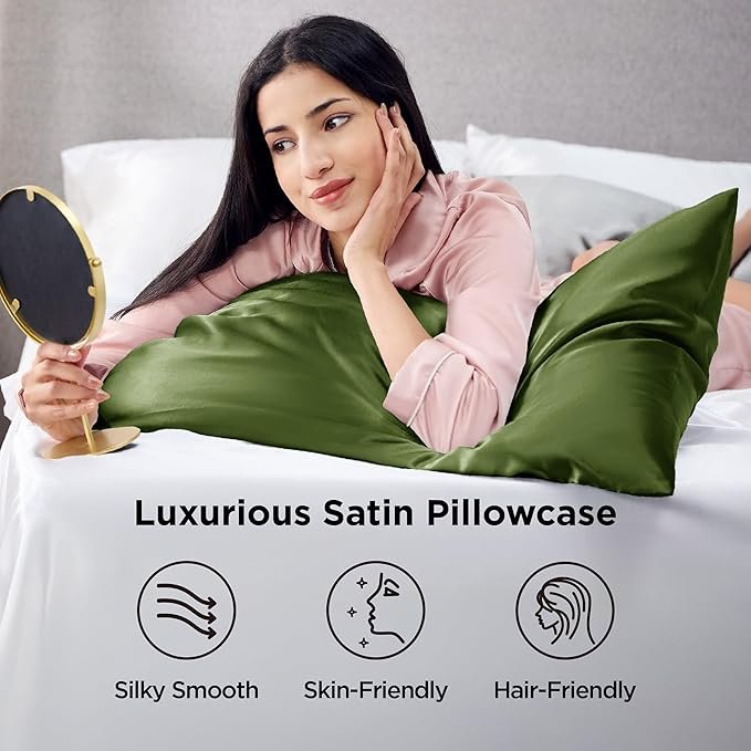 Satin Pillowcase for Hair and Skin Queen - Olive Green Silky Pillowcase 2 Pack with Envelope Closure, Similar to Silk Pillow Cases, Gifts for Women Men, 20x30 Inches, 2pcs - Image 2