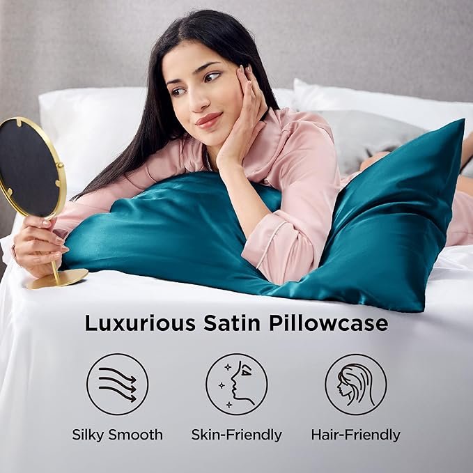 Satin Pillowcases, Similar to Silk Pillow Cases Queen Size Set of 2, Pillow Case for Sleeping Women with Envelope Closure, Gifts for Women Men, Teal, 20x30 Inches, 2pcs - Image 2
